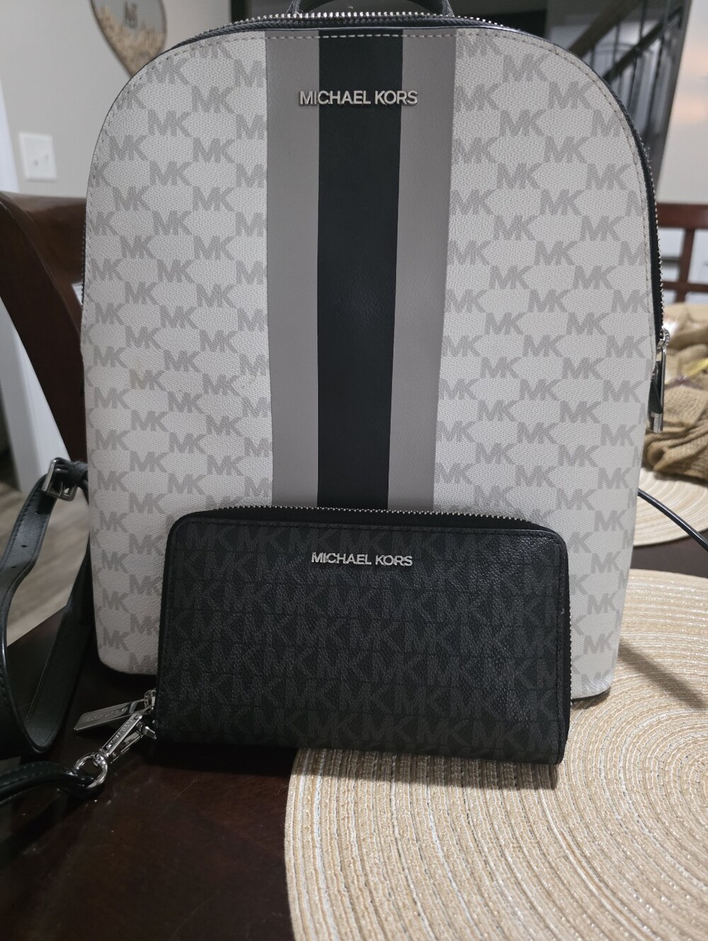 Michael Kors Two-Tone Monogram Backpack & Wallet in Light Gray & Black